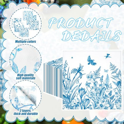 150 Pcs 10 x 10 Inch Blue Floral Paper Cocktail Napkins