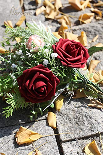 Artificial Flowers 50pcs Real Looking Burgundy Foam Fake Roses with Stems for DIY Wedding Bouquets Red Bridal Shower Centerpieces Floral Arrangements Party Tables Home Decorations (50 Count)