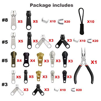 169Pcs Zipper Repair Kit Zipper Replacement Zipper Pull Rescue Kit with Zipper Install Pliers Tool and Zipper Extension Pulls for Clothing Jackets Purses Luggage Backpacks (169 Count)