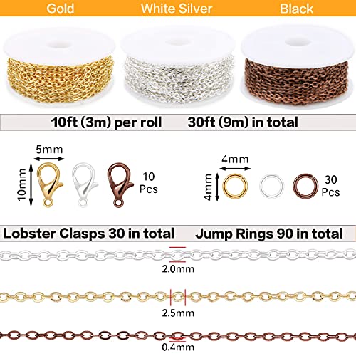 30ft Jewelry Making Chains Bulk 2mm Necklace Chains for Jewelry Making Supplies (3 Count)