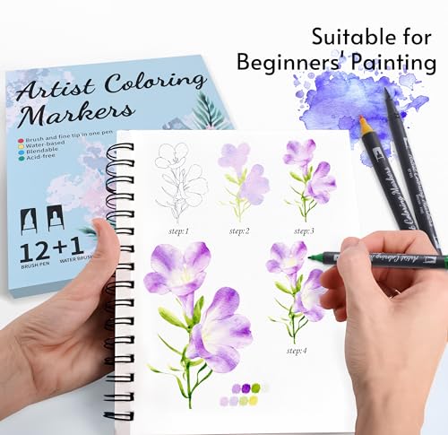 12 Colors Blendable Watercolor Markers for Adults 2026 Professional Double Tip Paint Pens with 1 Water Brush Pen Water Based Coloring Pens Drawing Markers Set with Flexible Brush Tip (12 Count)