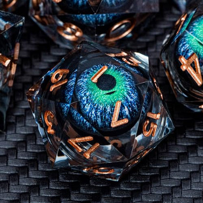 DND Dragons Eye Dice Liquid Core Blue Green Resin Sharp Edged Dice Set with Gift Box