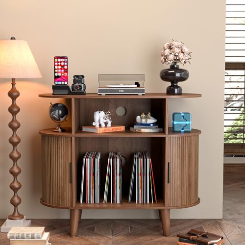Large Round Record Player Stand with Charging Station & USB Ports
