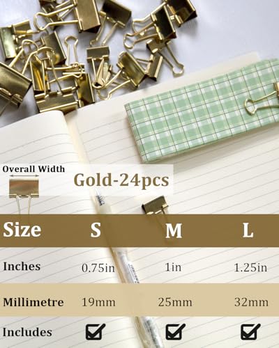 YUCHIYA 25 Pack Binder Clips with Magnetic Holder 3 Sizes Gold (25 Count)