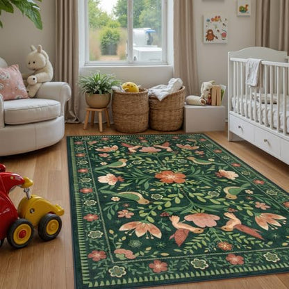 Washable Floral 5x7 Green Area Rug for Living Room (35 Sq Ft)