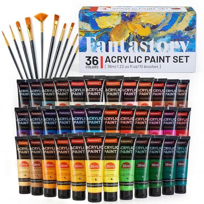 36ml 36 Colors Acrylic Paint Set with 10 Brushes (43.823 Fl Oz)