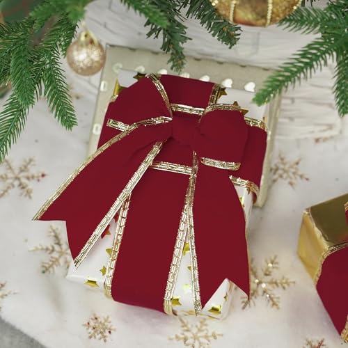 Burgundy Velvet Ribbon 2.5 Inch Dark Red Christmas Ribbon 10 Yards Maroon Velvet Wired Ribbons with Gold Greek Key Edge Burgundy Ribbons for Christmas Tree Decoration (30 Foot)