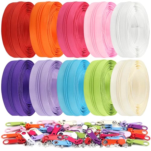 31 Yards 10 Pieces Sewing Zippers #3 Nylon Coil Zippers 10 Colors Assorted Zipper for Sewing with 40 Zipper Sliders for DIY Tailor Sewing Crafts Supplies