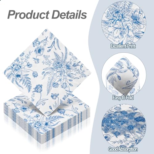 48 Pieces Floral Paper Napkins Disposable Blue Floral Napkins Blue and White Cocktail Dinner Napkin Set 13" x 13" Unfolded Decoupage Tableware Napkins for Garden Party Supplies (48 Count)