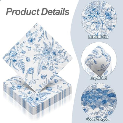 48 Pieces Floral Paper Napkins Disposable Blue Floral Napkins Blue and White Cocktail Dinner Napkin Set 13" x 13" Unfolded Decoupage Tableware Napkins for Garden Party Supplies (48 Count)