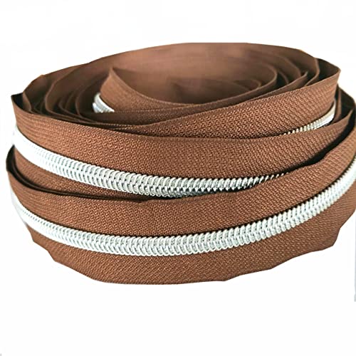 5 Metallic Silver Nylon Coil Zippers by the Yard Bulk 10 Yards Brown Zipper Tape with 25pcs Silver Sliders for DIY Sewing Tailor Craft Bag