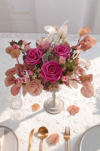 Artificial Flowers 50pcs Real Looking Hot Pink Foam Fake Roses with Stems for DIY Wedding Bouquets Baby Shower Centerpieces Floral Arrangements Party Tables Home Decorations (50 Count)