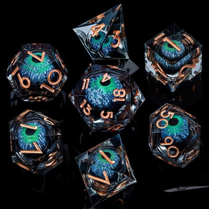 DND Dragons Eye Dice Liquid Core Blue Green Resin Sharp Edged Dice Set with Gift Box