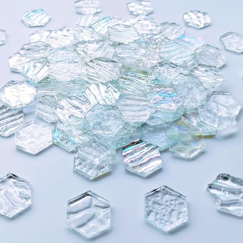 100 pcs Hexagon White Iridescence Stained Glass Pieces Mosaics Tiles for Crafts Bulk (100 Count)
