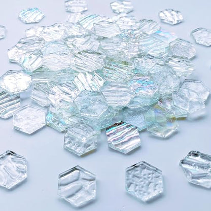 100 pcs Hexagon White Iridescence Stained Glass Pieces Mosaics Tiles for Crafts Bulk (100 Count)