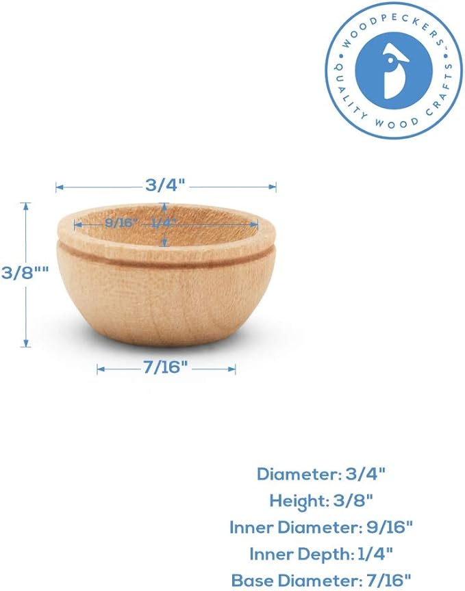 Woodpeckers Unfinished Wood Mini Bowl, 3/4 inch, Perfect for Scale Models, Dollhouse Dishes, Wood Craft Projects, and Sorting Activity, Pack of 50