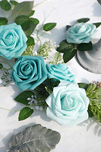 Artificial Flowers 25pcs Real Looking Green Ombre Colors Foam Fake Roses with Stems for DIY Wedding Bouquets Bridal Shower Centerpieces Floral Arrangements Party Tables Home Decorations (25 Count)