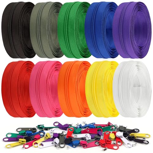 31 Yards 10 Pieces Sewing Zippers #3 Nylon Coil Zippers Assorted Zipper for Sewing with 40 Zipper Sliders for DIY Tailor Sewing Crafts Supplies (10 Count)