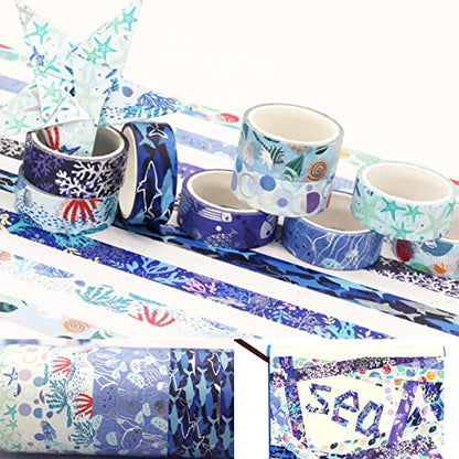Blue Ocean Washi Tape Set 10 Rolls Bronzing Sea Decorative Masking Tapes for Scrapbooking (10 Count)