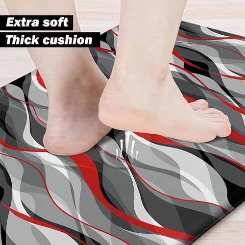Kitchen Mats for Floor Modern Abstract kitchen rugs Grey and Red Stripe Anti Fatigue Kitchen Mats Waterproof Floor Mats Cushioned Non