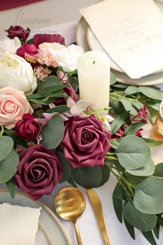 Artificial Flowers 16pcs 3.5" Real Looking Burgundy Foam Fake Hybrid Tea Roses with Stems for DIY Red Wedding Bouquets Bridal Shower Centerpieces Floral Arrangements Party Tables Decoration (24 Count)