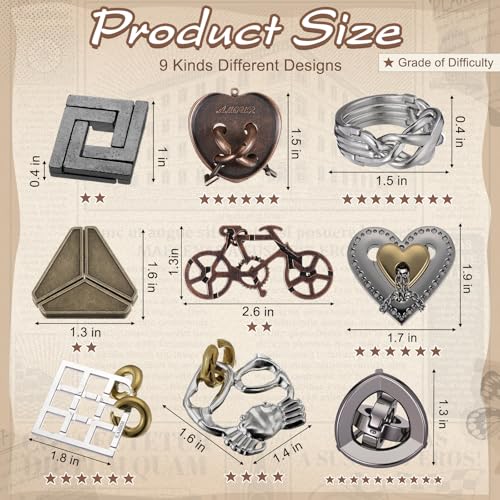 9 Pcs Metal Brain Teasers 3D Steel Puzzle Set (9 Count)