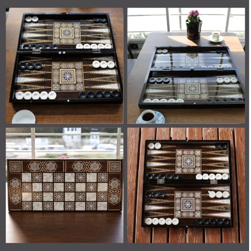 Park&Oz Pearl Premium Turkish Backgammon and Checkers Set 19 Inch Handmade 2 in 1 Wooden Board Game with Glossy Finish Luxury Checkers and Dice Travel Friendly and Foldable