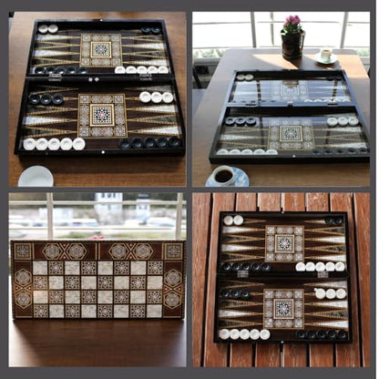 Park&Oz Pearl Premium Turkish Backgammon and Checkers Set 19 Inch Handmade 2 in 1 Wooden Board Game with Glossy Finish Luxury Checkers and Dice Travel Friendly and Foldable