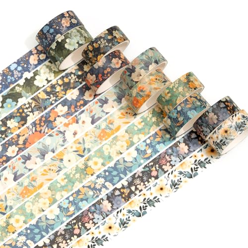 10 Rolls Blooming Flowers Washi Tape Set Floral Arts Adhesive Tapes Colorful Garden Decorative Masking Tape Sets for Craft (10 Count)