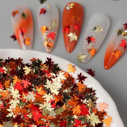 Thanksgiving Glitters Nails Sequins Fall Nail Glitter Sequins Autumn Maple Leaf Flakes Design Nails Charms Holographic Mixed Color 3D Confetti Nails Glitter for Women (2 Ounce)