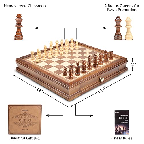 12.8" x 12.8" Magnetic Wooden Chess Set with 2 Built