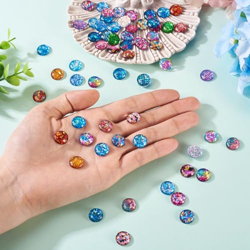 70Pcs 12mm Fish Scale Printed Glass Cabochons Mixed Colors Half Round Cameo Dome Tile Cabochon Mosaic Flatback Dome Glass Cabochon for DIY Bracelets Necklace Scrapbooking DIY Crafts