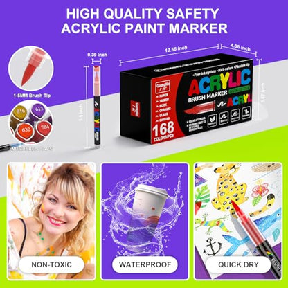 Acrylic Paint Markers for Coloring 168 Colors with 30% More Ink (168 Count)