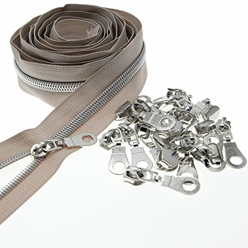 5 Silver Teeth Metallic Nylon Coil Zippers by The Yard Bulk 10 Yards Beige Zipper Tape with 25pcs Silver Sliders for DIY Sewing Tailor Craft Bag Luggage Sofa Zipper