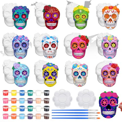 12 Sets Flower Skull Ceramic Figures Unpainted DIY Halloween Kit