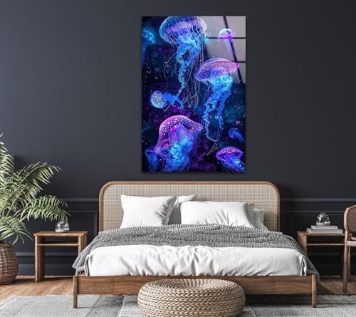Round 31 5'' Glowing Jellyfish Glass Wall Art Tempered Glass Printing Wall Decor Large Wall Art Wall Hangings