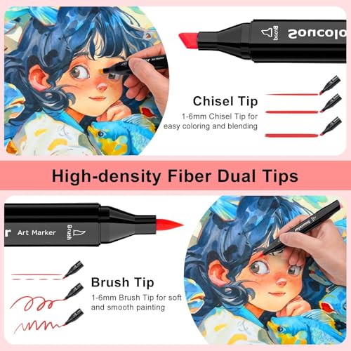 100 Color Alcohol Markers Dual Tip Brush Art Supplies Kids Adults (100 Count)