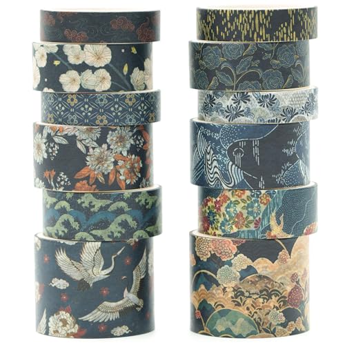 12 Rolls Kyoto Charm Washi Tape Set Japanese Arts Adhesive Tapes Geometric Garden Decorative Masking Tape Sets for Craft (12 Count)