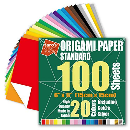 Taro's Origami Studio] Standard 6 Inch One Sided 20 Colors 100 Sheets Square Easy Fold Premium Japanese Paper for Beginner