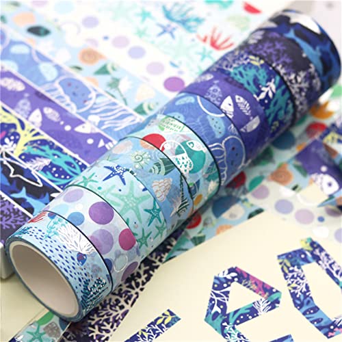 Blue Ocean Washi Tape Set 10 Rolls Bronzing Sea Decorative Masking Tapes for Scrapbooking (10 Count)