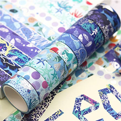 Blue Ocean Washi Tape Set 10 Rolls Bronzing Sea Decorative Masking Tapes for Scrapbooking (10 Count)