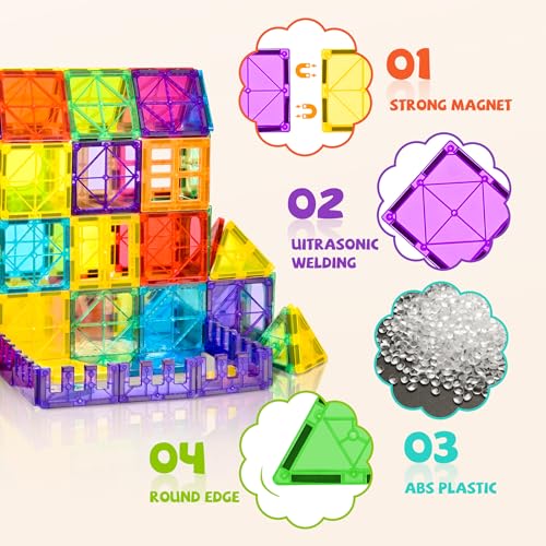 60 Pcs Magnet Tiles Magnetic 3D Building Blocks Set Educational Construction Toys for 3+ Year Kids with Stronger Magnets