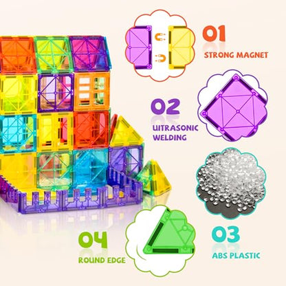 60 Pcs Magnet Tiles Magnetic 3D Building Blocks Set Educational Construction Toys for 3+ Year Kids with Stronger Magnets