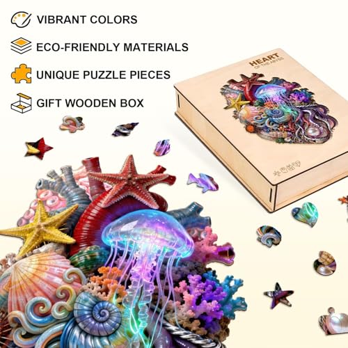 Sea Ocean Heart Puzzles Fantasy Jellyfish Octopus Coral Puzzle Adults Gifts for Women Men Wooden 235 Pieces 15.4 * 10.7in