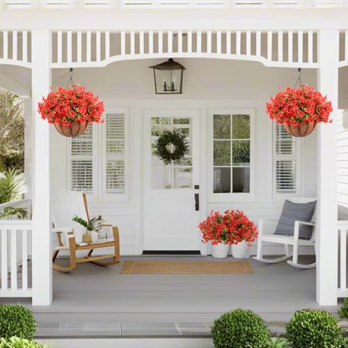 24 Pcs Artficial Outdoor Flowers with Hanging Baskets (2 Count)