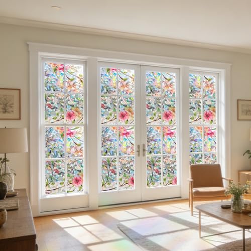 Stained Glass Window Film Rainbow Floral Static Cling Window Film Flower Window Privacy Film No Glue Decorative Window Cling UV Blocking Heat Control Glass Windows Stickers