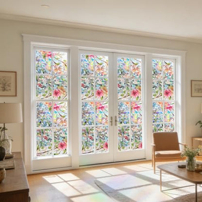 Stained Glass Window Film Rainbow Floral Static Cling Window Film Flower Window Privacy Film No Glue Decorative Window Cling UV Blocking Heat Control Glass Windows Stickers