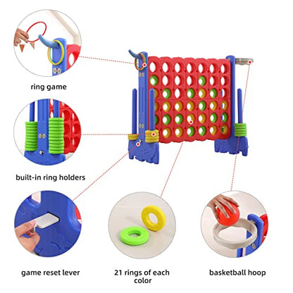 Giant 4-in-a-Row Game with Carry Bag, 3-in-1 Jumbo 4-to-Score Outdoor Yard Game with Basketball Hoop, Ring Toss, Quick-Release Slider, 42 Rings, Family Party Game for Kids & Adults