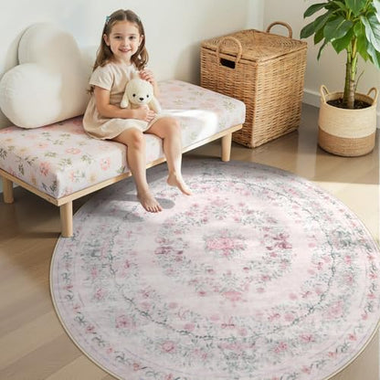 Pink Washable Round Rugs 6ft (28.27 Sq Ft)