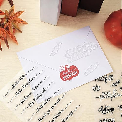4 Sheet Fall Thanksgiving Words Clear Stamps Greeting Words Pumpkin Maple Leaves Silicone Transparent Stamps Happy Fall Stamp Cards for DIY Craft Card Making Scrapbooking Embossing Album Decor (4 Count)